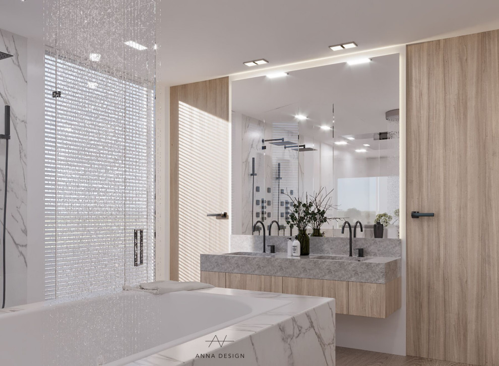 Design ideas for a medium sized modern ensuite bathroom in Los Angeles with flat-panel cabinets, grey cabinets, a built-in bath, a double shower, a wall mounted toilet, white tiles, stone slabs, white walls, light hardwood flooring, an integrated sink, engineered stone worktops, grey floors, a hinged door, grey worktops, a shower bench, double sinks, a floating vanity unit and panelled walls.