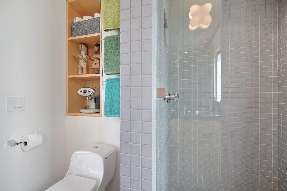 Пример оригинального дизайна: главная ванная комната среднего размера в стиле фьюжн с плоскими фасадами, светлыми деревянными фасадами, душем в нише, унитазом-моноблоком, серой плиткой, керамической плиткой, белыми стенами, полом из керамической плитки, монолитной раковиной, столешницей из нержавеющей стали, серым полом, душем с распашными дверями и серой столешницей