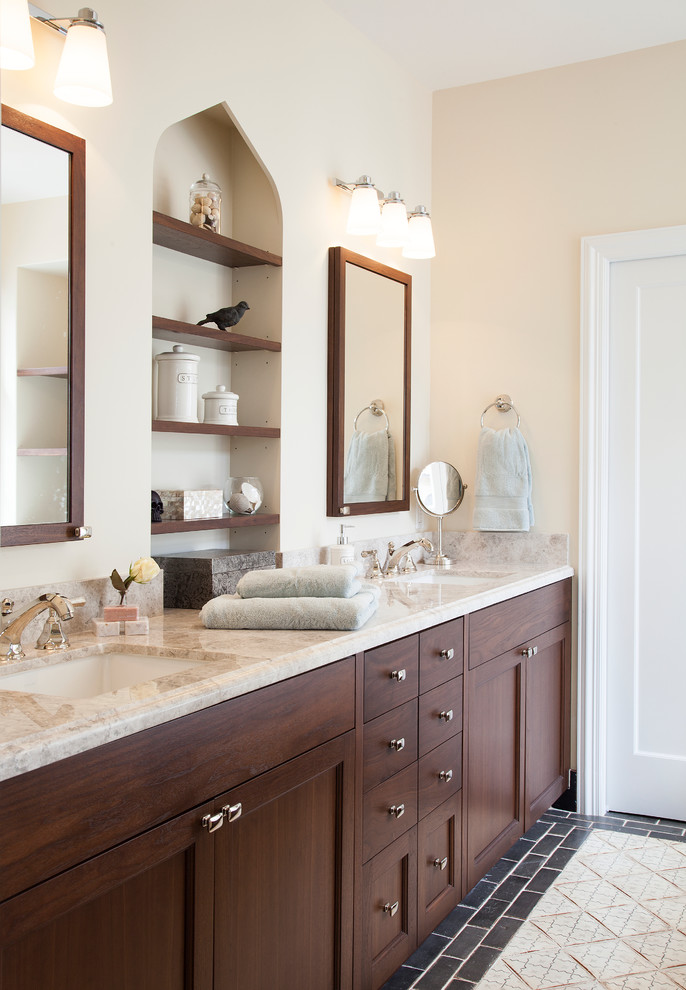 Large mediterranean ensuite bathroom in San Francisco with a submerged sink, shaker cabinets, dark wood cabinets, marble worktops, a corner shower, a one-piece toilet, multi-coloured tiles, ceramic tiles, beige walls and ceramic flooring.