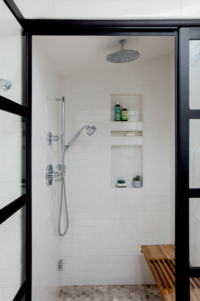 Medium sized contemporary shower room bathroom in Boston with freestanding cabinets, dark wood cabinets, a corner shower, a two-piece toilet, white tiles, metro tiles, white walls, ceramic flooring, engineered stone worktops, beige floors, a hinged door and white worktops.