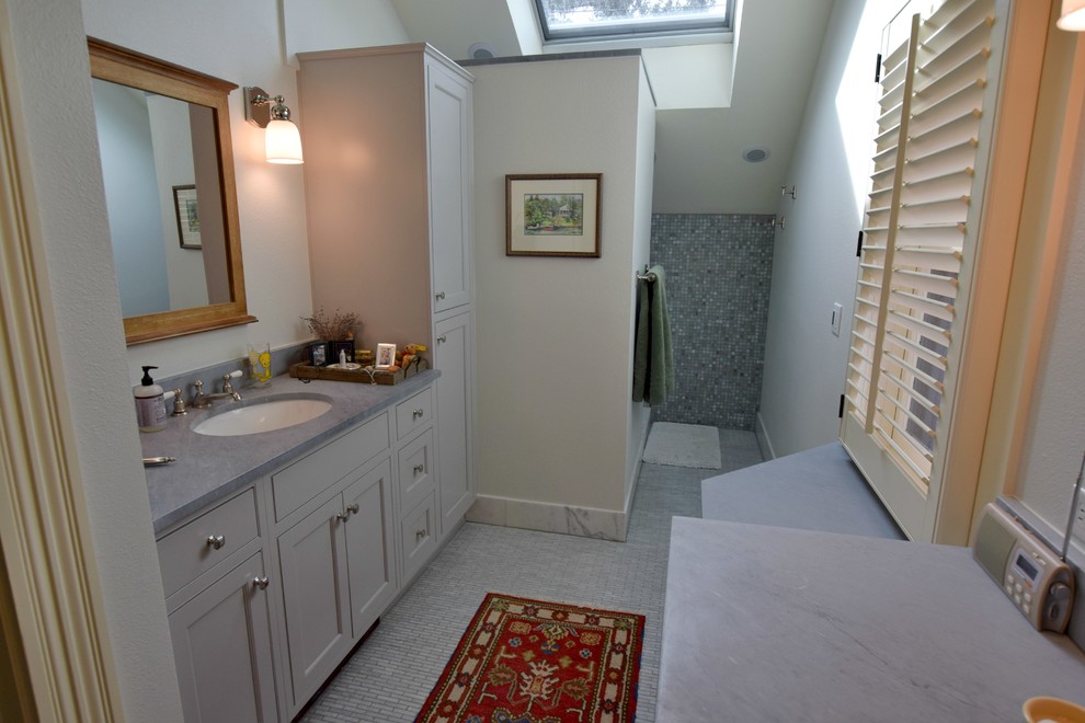 Aménagement d'une salle de bain principale classique avec un placard avec porte à panneau encastré, des portes de placard bleues, une douche ouverte, un mur bleu et un lavabo encastré.