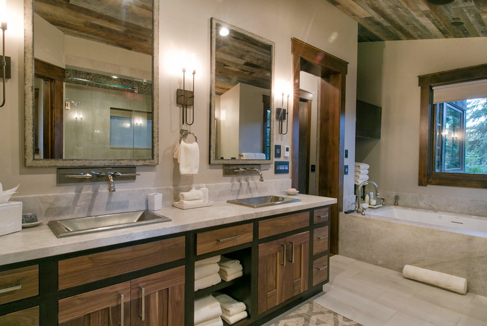 Inspiration for a rustic master bathroom remodel in Sacramento with shaker cabinets and medium tone wood cabinets