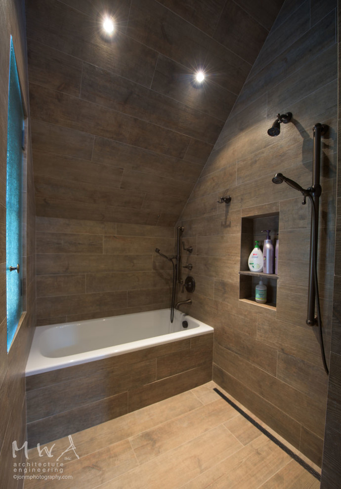 Inspiration for a medium sized traditional family bathroom in Other with a built-in bath, a shower/bath combination, beige tiles, beige walls, porcelain flooring and an open shower.