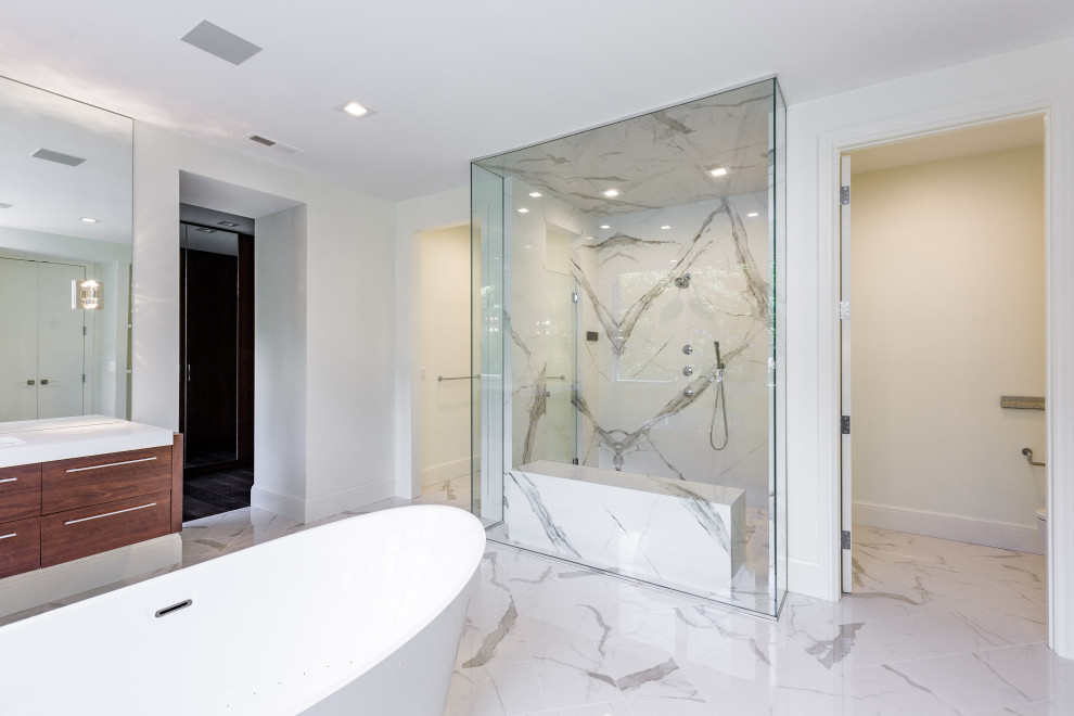 Large trendy master white tile and marble tile marble floor, white floor and double-sink bathroom photo in Detroit with flat-panel cabinets, brown cabinets, white walls, an undermount sink, quartz countertops, a hinged shower door, white countertops and a floating vanity