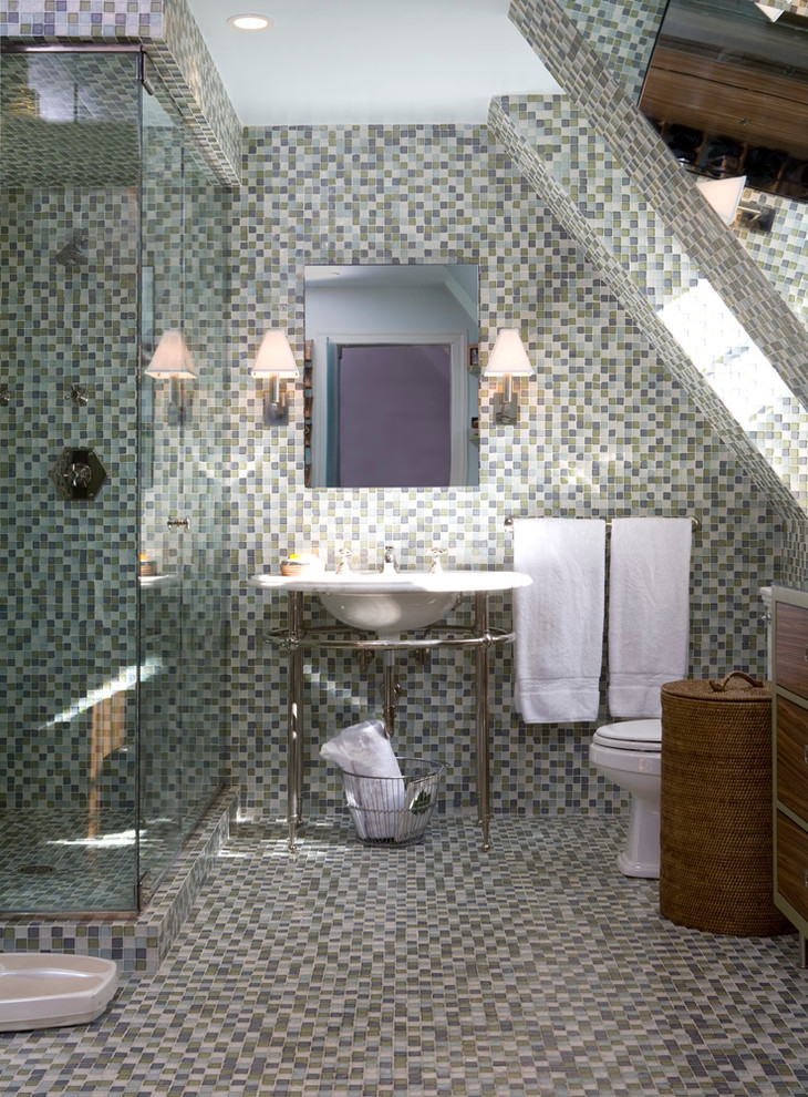 Corner shower - mid-sized traditional 3/4 gray tile, green tile and mosaic tile mosaic tile floor corner shower idea in DC Metro with dark wood cabinets, a two-piece toilet, a console sink, flat-panel cabinets, multicolored walls and a hinged shower door