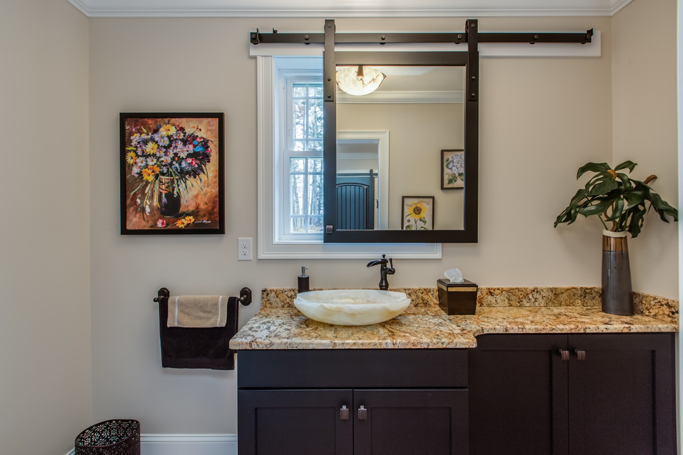 Large traditional shower room bathroom in Boston with shaker cabinets, black cabinets, a vessel sink, granite worktops, beige walls, terracotta flooring and red floors.