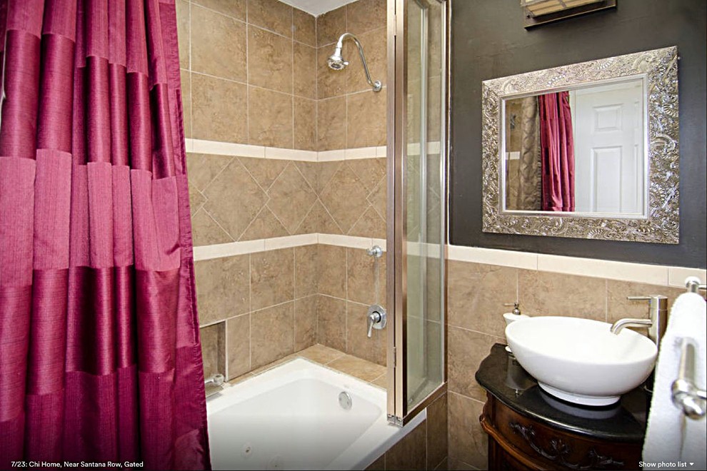 Idéer för att renovera ett litet orientaliskt en-suite badrum, med ett fristående handfat, möbel-liknande, skåp i mörkt trä, granitbänkskiva, ett badkar i en alkov, en dusch/badkar-kombination, en toalettstol med separat cisternkåpa, beige kakel, porslinskakel, grå väggar och klinkergolv i porslin