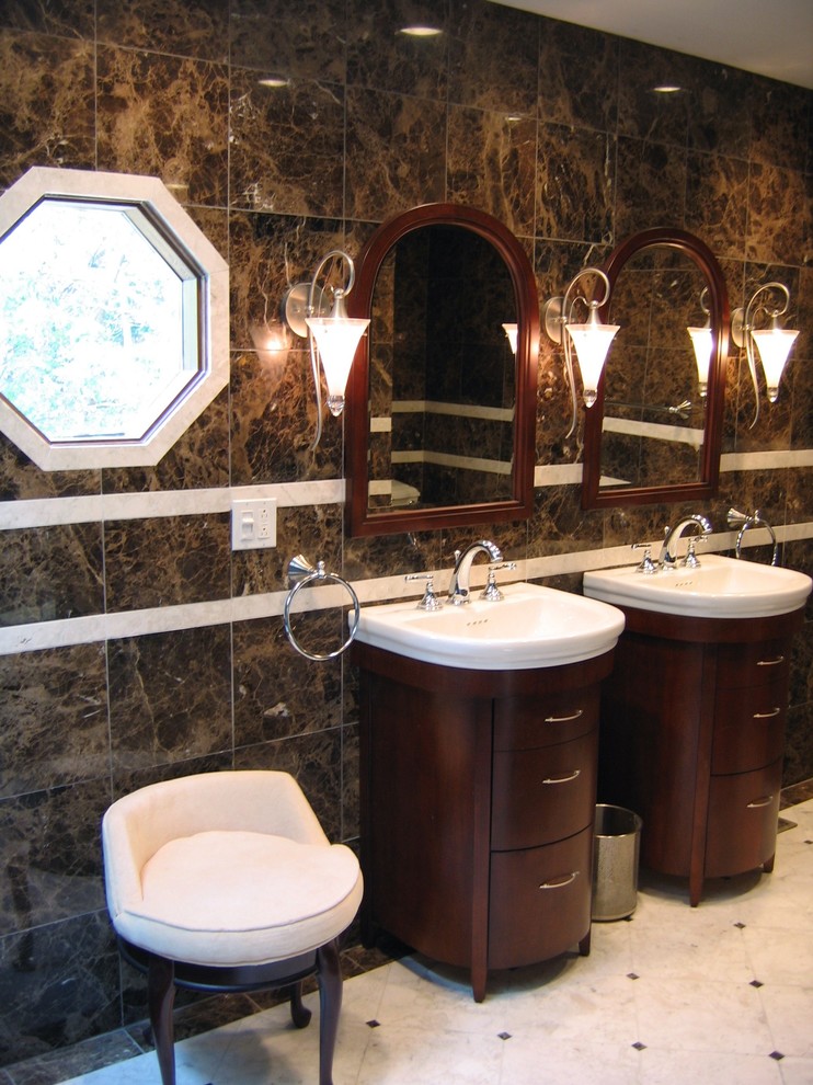 Large classic ensuite bathroom in Austin with freestanding cabinets, dark wood cabinets, brown tiles, stone tiles, brown walls, porcelain flooring, a built-in sink and white floors.