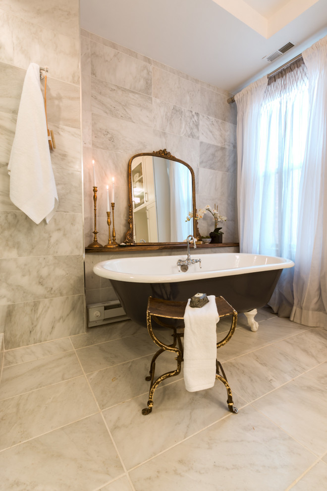 Inspiration for a large eclectic master white tile and stone tile marble floor bathroom remodel in DC Metro with an undermount sink, shaker cabinets, white cabinets, quartzite countertops, a two-piece toilet and gray walls