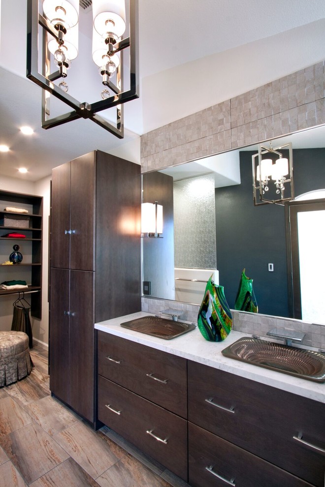 Bathroom - mid-sized contemporary master multicolored tile and porcelain tile porcelain tile and brown floor bathroom idea in San Francisco with a drop-in sink, flat-panel cabinets, dark wood cabinets, quartz countertops, a two-piece toilet and gray walls