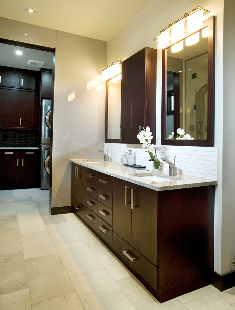 Bathroom - large contemporary master marble floor and beige floor bathroom idea in Other with flat-panel cabinets, gray cabinets, beige walls, an undermount sink, granite countertops and gray countertops