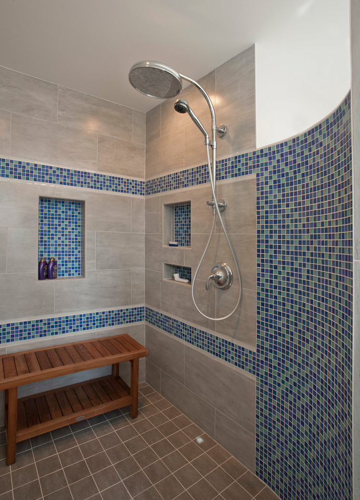 Mid-sized transitional master blue tile and glass tile porcelain tile and gray floor bathroom photo in DC Metro with an undermount sink, raised-panel cabinets, white cabinets, granite countertops, a bidet and gray walls