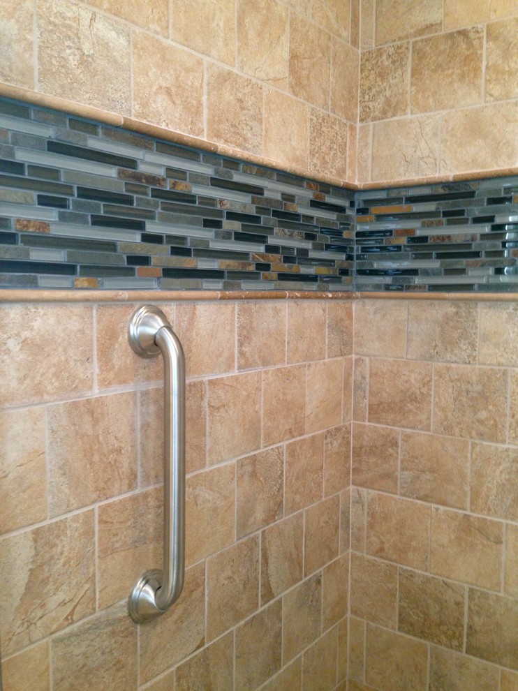 Mid-sized transitional master beige tile and porcelain tile porcelain tile alcove shower photo in Other with raised-panel cabinets, white cabinets, a two-piece toilet and blue walls