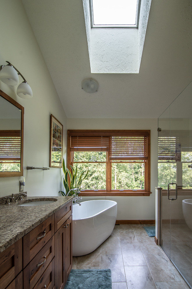 Master bath featuring a rustic character cherry vanity Rustic