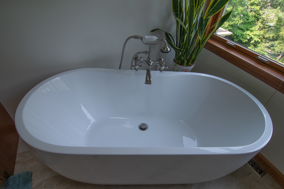 Master bath featuring a rustic character cherry vanity Rustic