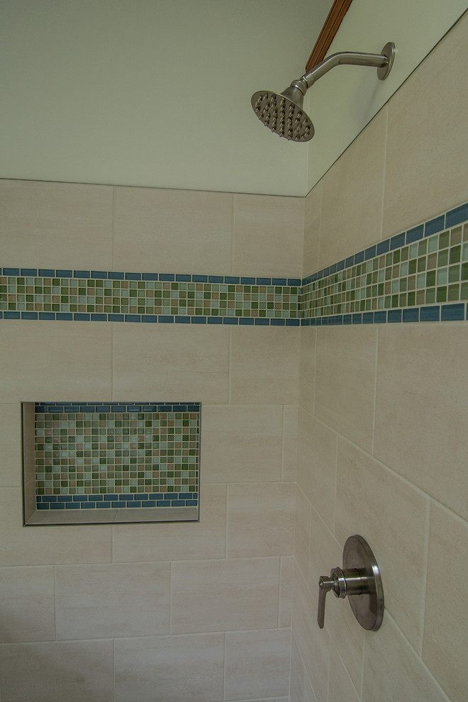 Master bath featuring a rustic character cherry vanity Rustic