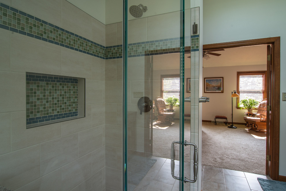 Master bath featuring a rustic character cherry vanity Rustic