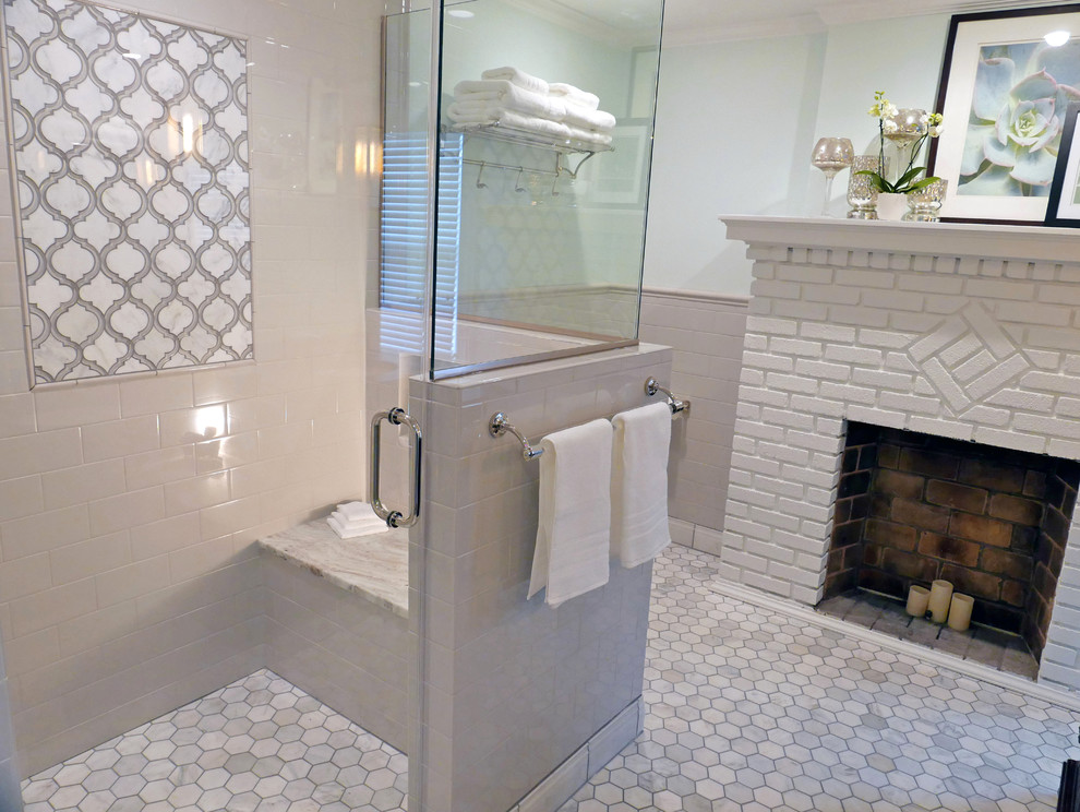 Mid-sized elegant master gray tile and subway tile porcelain tile and white floor corner shower photo in Cleveland with furniture-like cabinets, dark wood cabinets, a two-piece toilet, green walls, an undermount sink, granite countertops and a hinged shower door