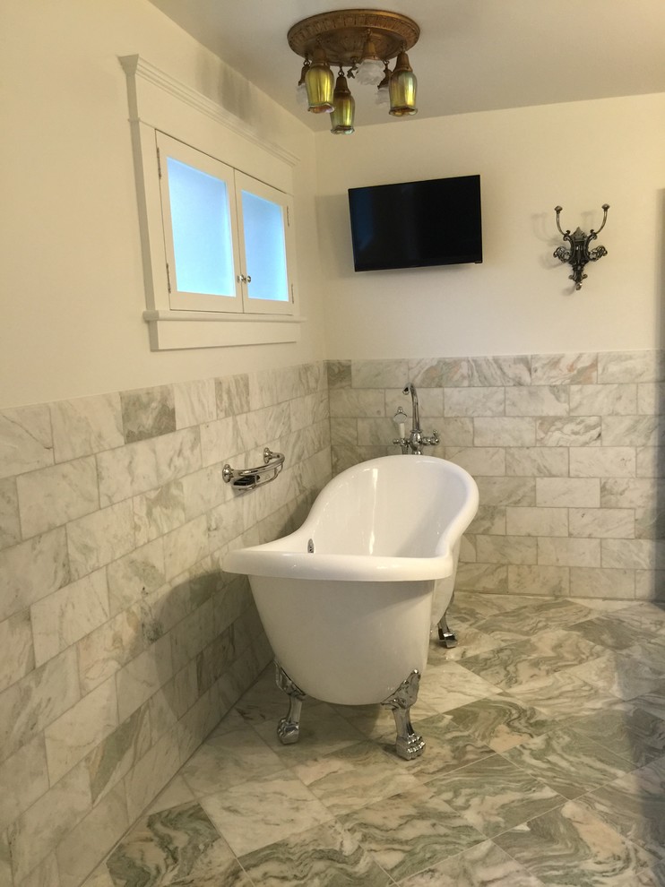 Example of a mid-sized eclectic master green tile and stone tile marble floor claw-foot bathtub design in New York