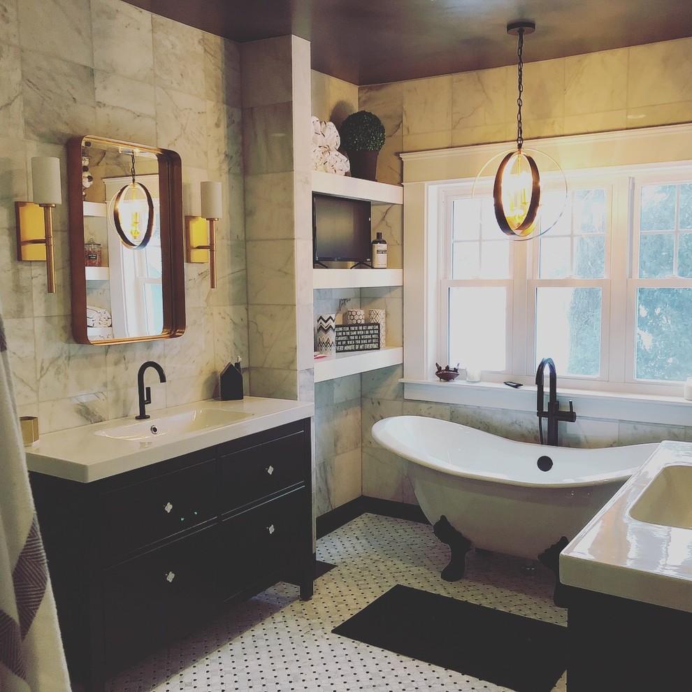 Bathroom - mid-sized transitional master marble tile marble floor bathroom idea in Cedar Rapids with furniture-like cabinets, dark wood cabinets, a two-piece toilet, a trough sink and a hinged shower door