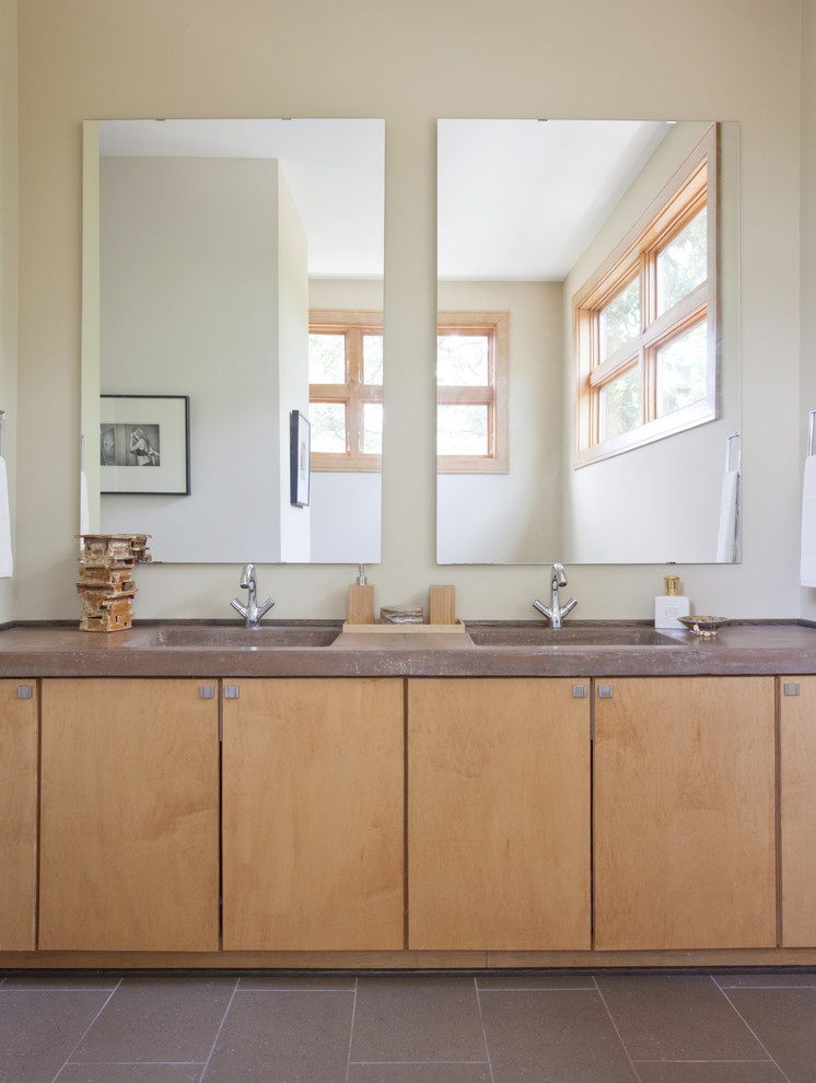 Idée de décoration pour une salle de bain design en bois brun avec un placard à porte plane.