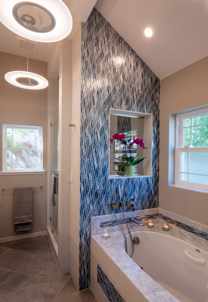 Large traditional ensuite bathroom in San Francisco with shaker cabinets, brown cabinets, an alcove bath, an alcove shower, mosaic tiles, beige walls, plywood flooring, engineered stone worktops, brown floors, a hinged door, grey worktops, double sinks, a built in vanity unit and blue tiles.