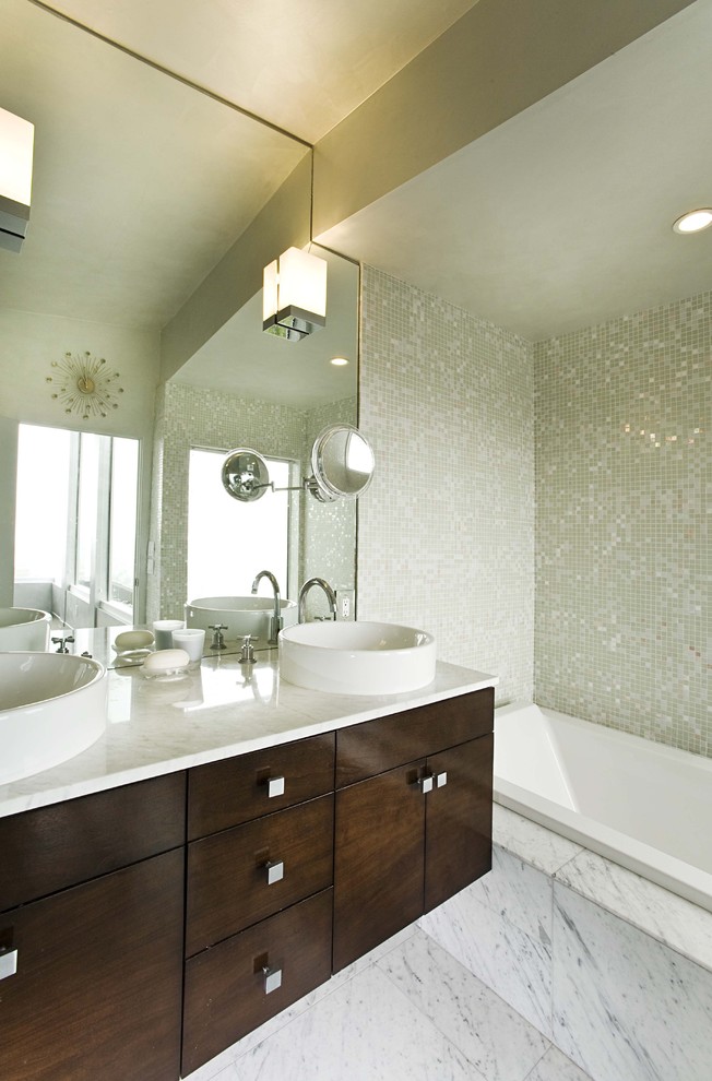 Bathroom - contemporary mosaic tile marble floor bathroom idea in San Francisco with marble countertops and a vessel sink