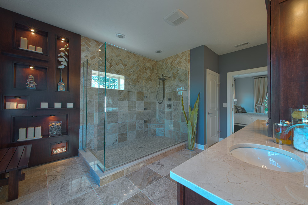 Contemporary ensuite bathroom in Columbus with open cabinets, brown cabinets, grey walls, ceramic flooring, a built-in sink and granite worktops.