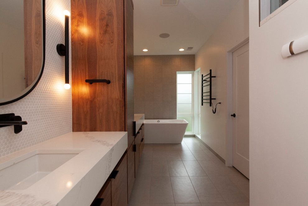 Example of a large minimalist 3/4 white tile and mosaic tile porcelain tile, beige floor and double-sink bathroom design in Chicago with flat-panel cabinets, medium tone wood cabinets, white walls, an undermount sink, quartz countertops, white countertops and a built-in vanity