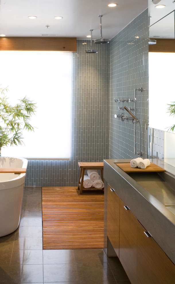 This is an example of a contemporary bathroom in San Francisco with a walk-in shower, a trough sink and an open shower.