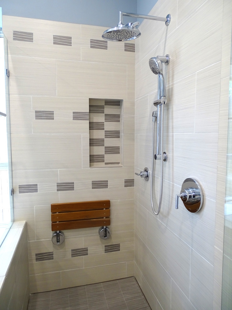 Example of a large transitional master multicolored tile and ceramic tile ceramic tile bathroom design in Austin with white cabinets, a two-piece toilet, blue walls, a drop-in sink and onyx countertops