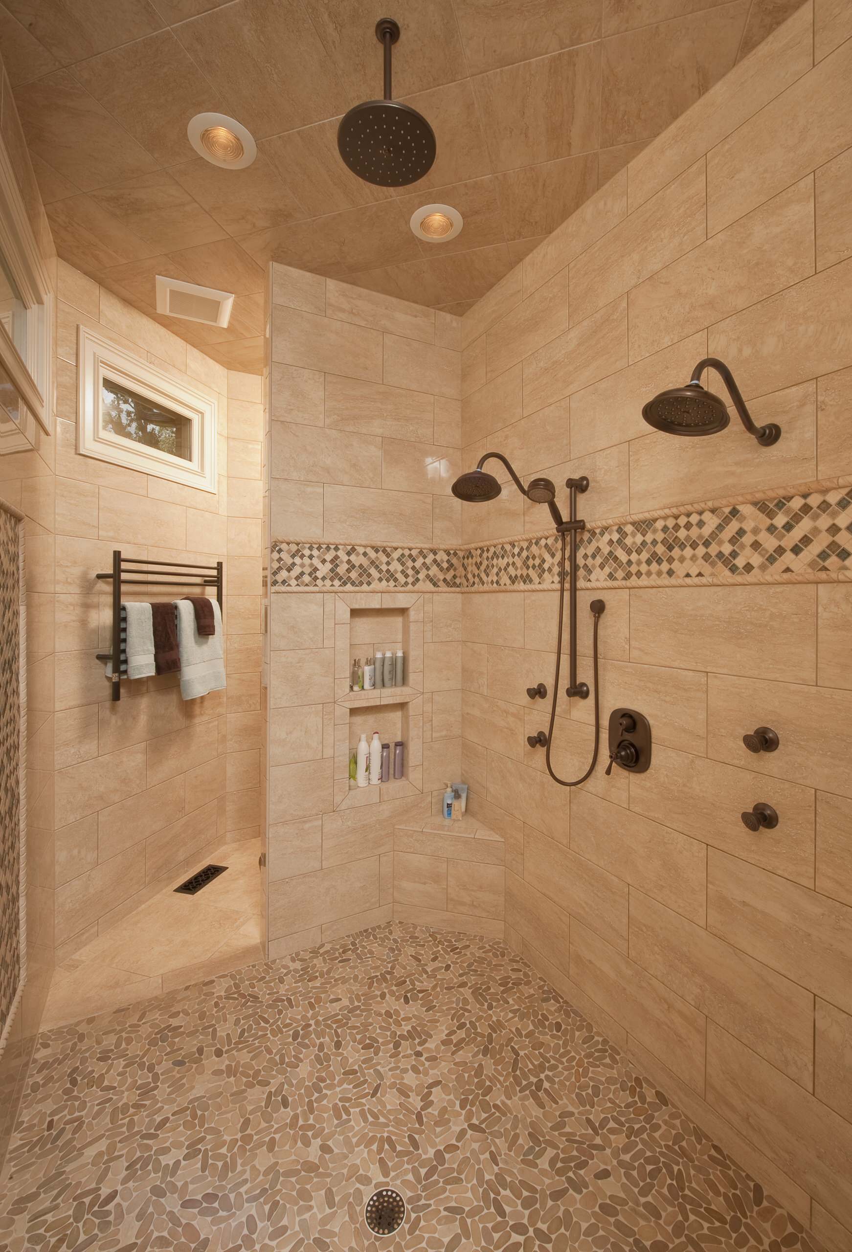 Bathroom Glass Shower With Door Tile Two Shower Heads Stock Photo