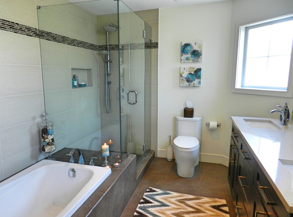 Inspiration for a medium sized contemporary ensuite bathroom in Vancouver with shaker cabinets, dark wood cabinets, a built-in bath, a corner shower, a two-piece toilet, white tiles, porcelain tiles, white walls, porcelain flooring, a submerged sink, engineered stone worktops, brown floors and a hinged door.