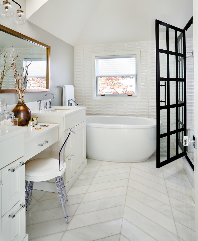 Mid-sized elegant master white tile and ceramic tile marble floor and white floor bathroom photo in Denver with white walls, a hinged shower door and white countertops