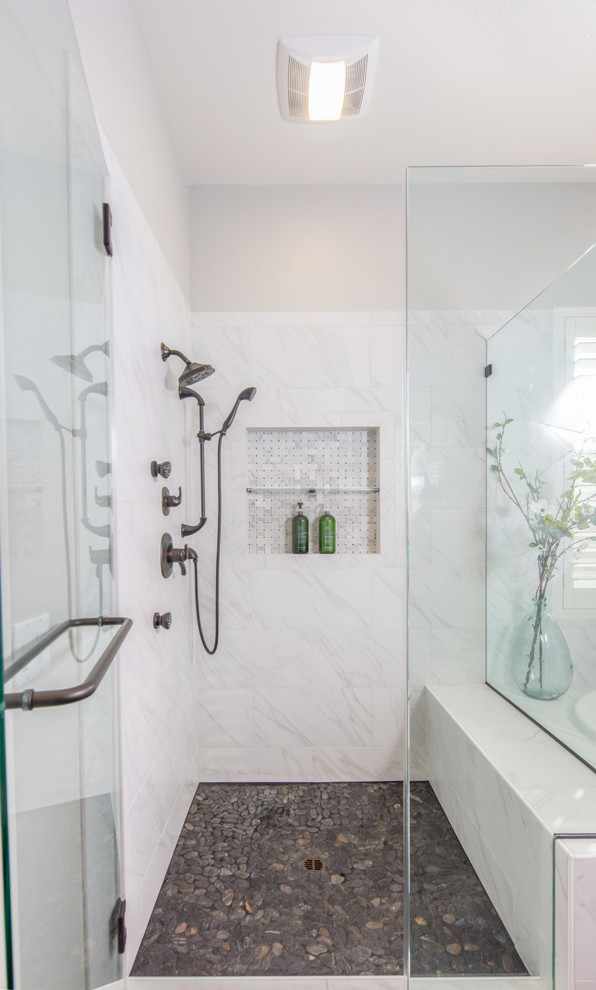 Example of a large urban master white tile and porcelain tile porcelain tile bathroom design in Santa Barbara with flat-panel cabinets, medium tone wood cabinets, a two-piece toilet, gray walls, a trough sink and concrete countertops