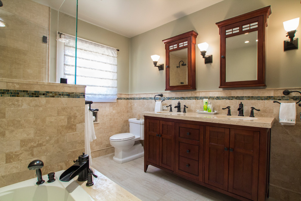 Design ideas for a large classic ensuite bathroom in Los Angeles with shaker cabinets, a built-in bath, an alcove shower, a two-piece toilet, a built-in sink, green walls and ceramic flooring.