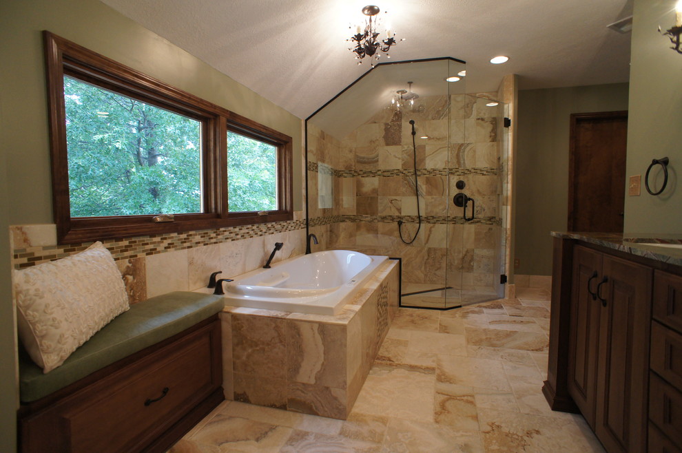 Inspiration for a contemporary master multicolored tile and matchstick tile travertine floor bathroom remodel in Kansas City with raised-panel cabinets, dark wood cabinets, green walls, an undermount sink and marble countertops