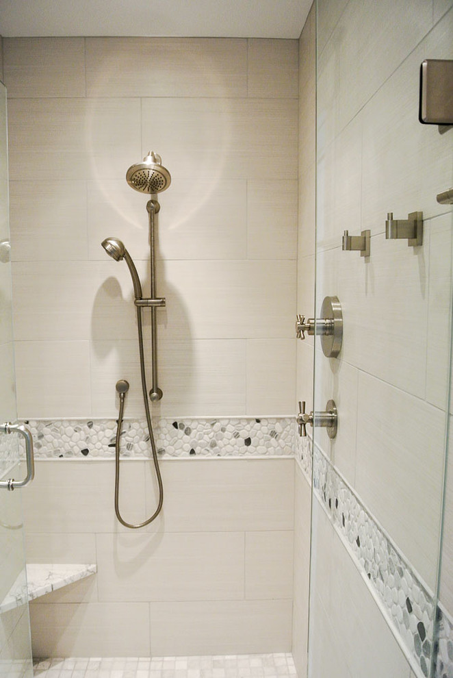 Alcove shower - large modern master beige tile and cement tile alcove shower idea in Cincinnati