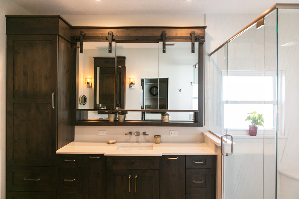 Master Bath Remodel with Barn Door Vanity Mirror Transitional Bathroom Orlando by KBF