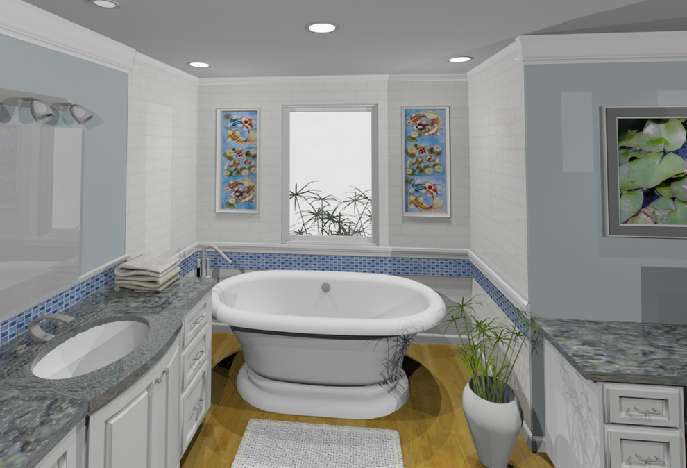 Large asian master white tile and ceramic tile porcelain tile freestanding bathtub photo in Portland with an undermount sink, raised-panel cabinets, white cabinets, granite countertops, a two-piece toilet and blue walls