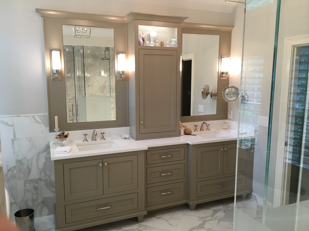 Example of a large trendy master gray tile, white tile and marble tile marble floor and gray floor bathroom design in Atlanta with shaker cabinets, gray cabinets, gray walls, an undermount sink, quartz countertops, a hinged shower door and white countertops