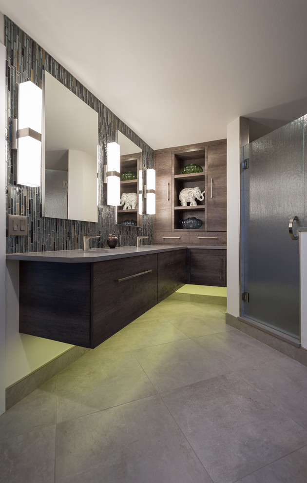 Corner shower - mid-sized eclectic master green tile and glass tile ceramic tile corner shower idea in Denver with flat-panel cabinets, dark wood cabinets, an undermount tub, a two-piece toilet, white walls, an undermount sink and quartz countertops