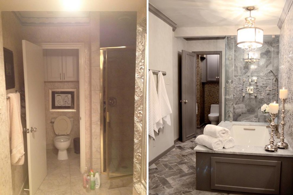 На фото: главная ванная комната среднего размера в стиле неоклассика (современная классика) с плоскими фасадами