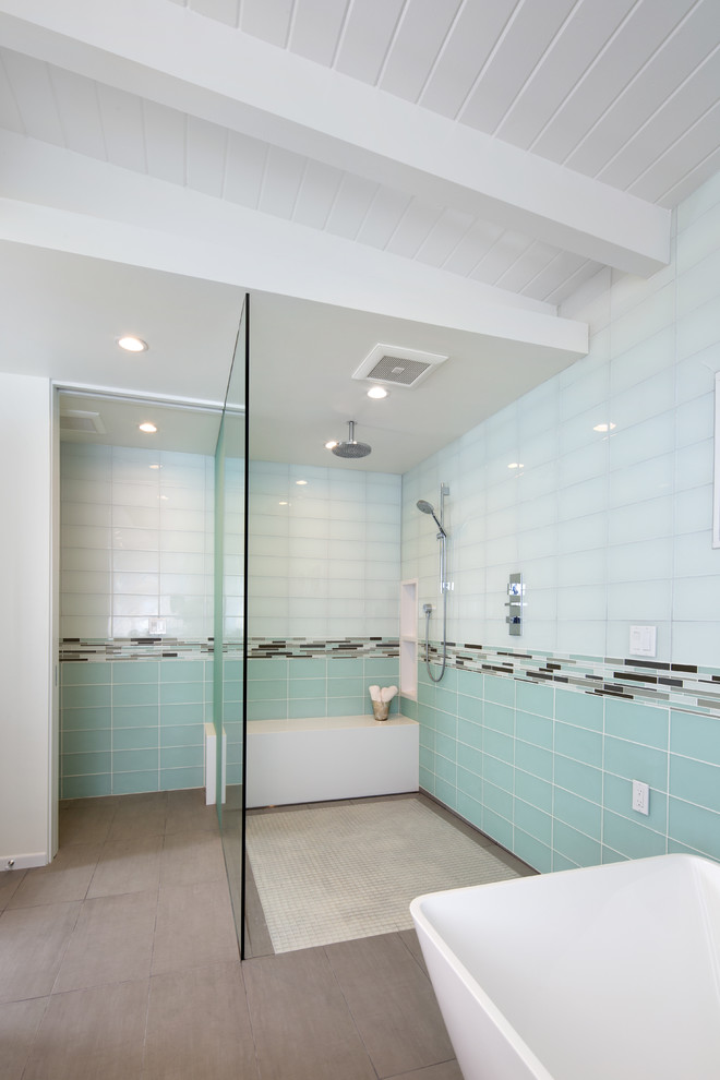 Inspiration for a mid-sized 1960s master black tile, blue tile, white tile and glass tile ceramic tile bathroom remodel in Los Angeles with white walls, flat-panel cabinets, dark wood cabinets, an undermount sink and quartz countertops