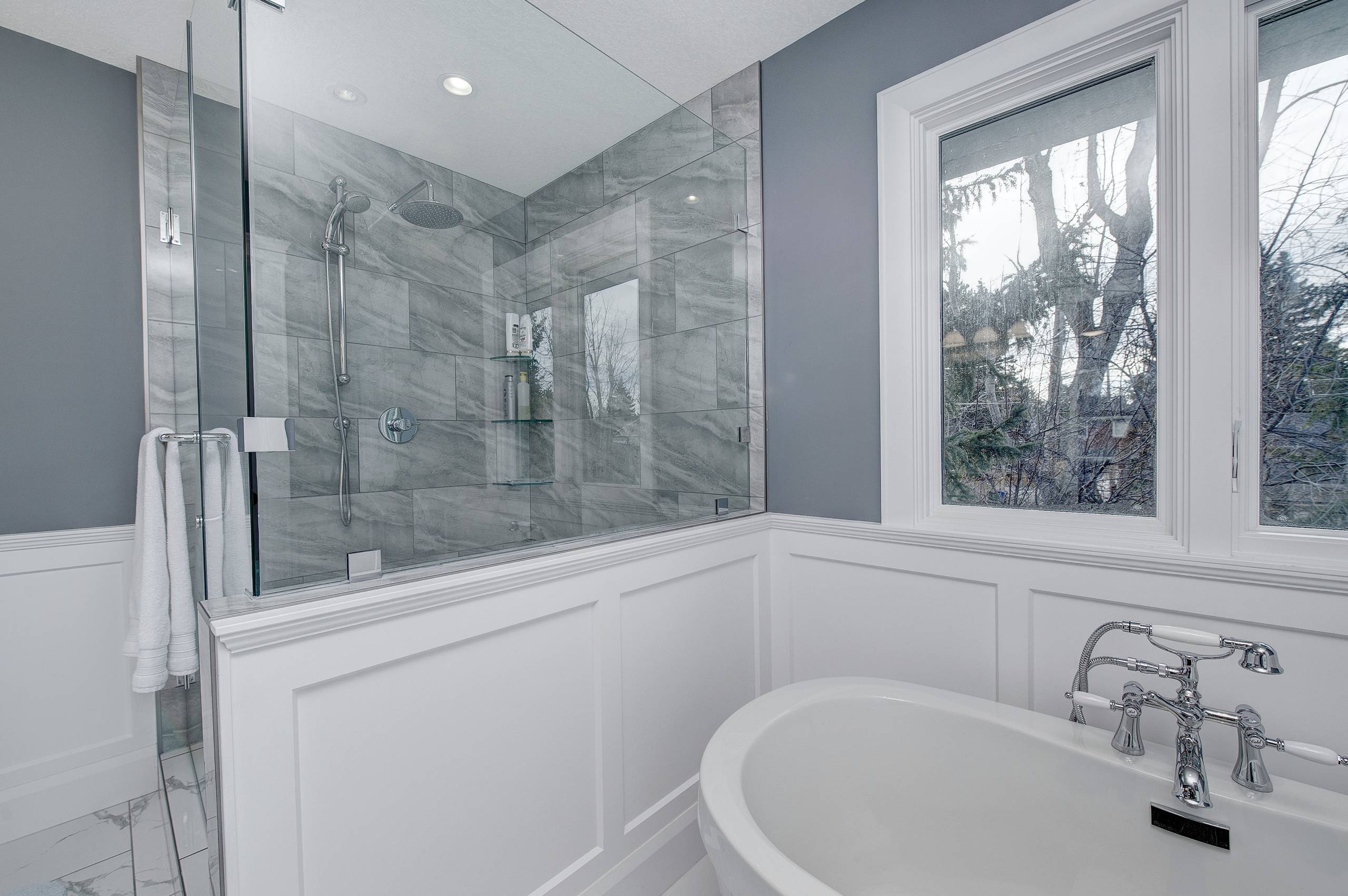 Master Bath Shower Enclosure And Wainscot Paneling Around Tub Area Craftsman Bathroom Calgary By Method Residential Design Houzz