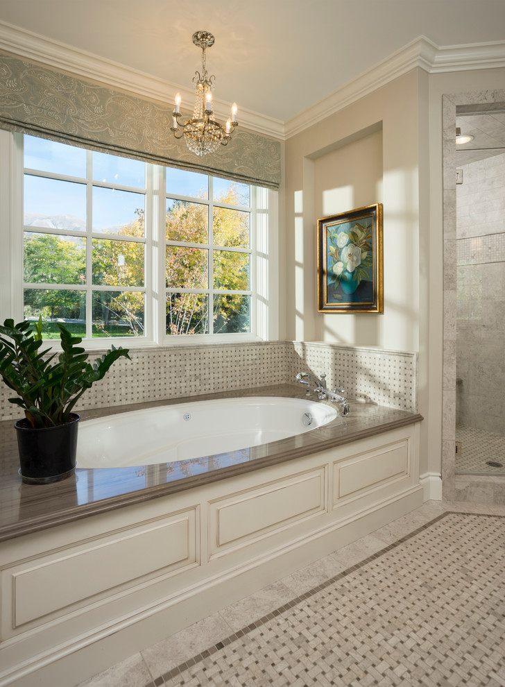 Large arts and crafts master marble floor bathroom photo in Salt Lake City