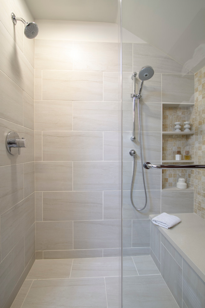 Bathroom - large modern master beige tile and porcelain tile porcelain tile and beige floor bathroom idea in Philadelphia with flat-panel cabinets, dark wood cabinets, a one-piece toilet, white walls, an undermount sink, quartz countertops and a hinged shower door