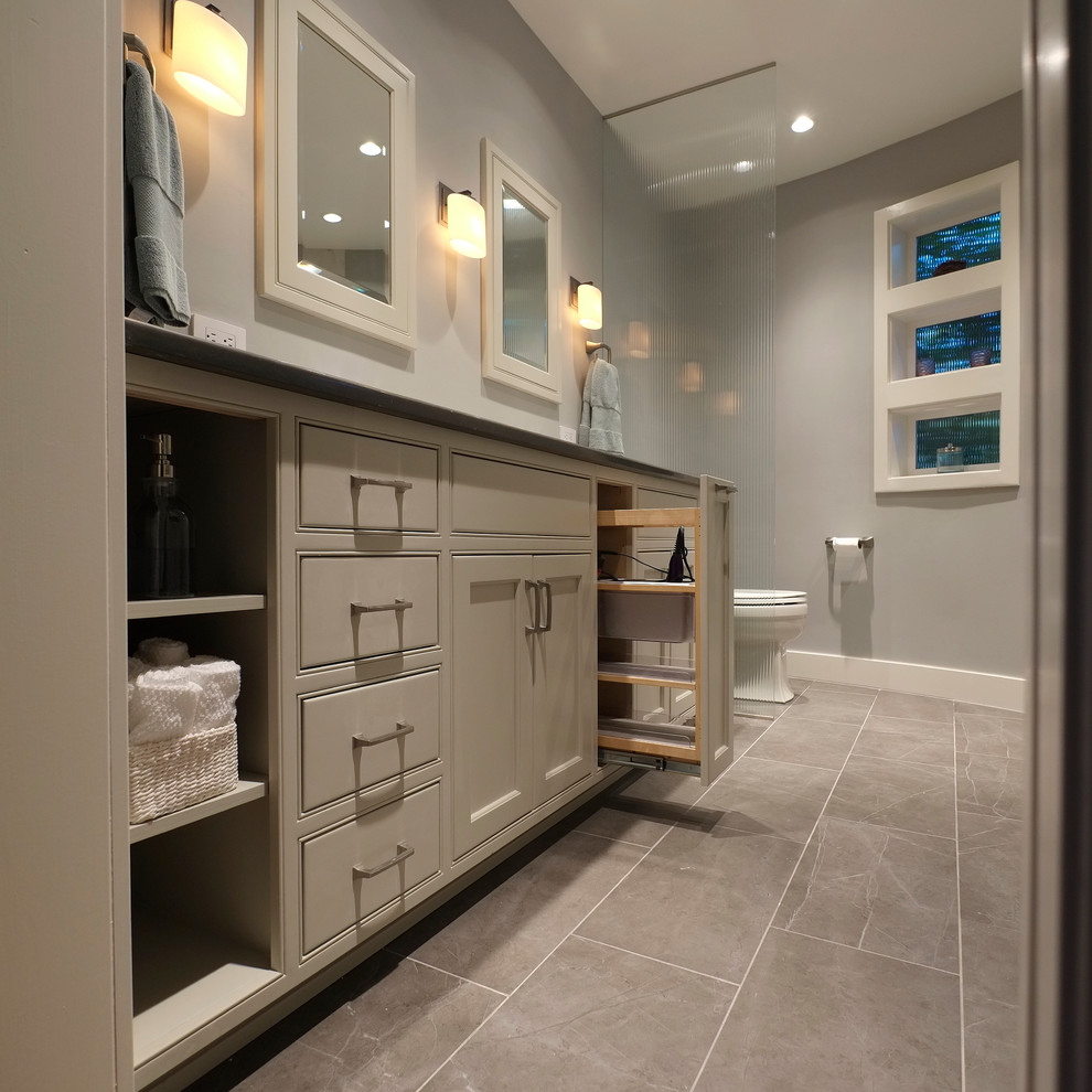 Inspiration for a medium sized traditional ensuite bathroom in Seattle with a submerged sink, beaded cabinets, white cabinets, engineered stone worktops, a built-in shower, a two-piece toilet, grey tiles, porcelain tiles, blue walls and porcelain flooring.