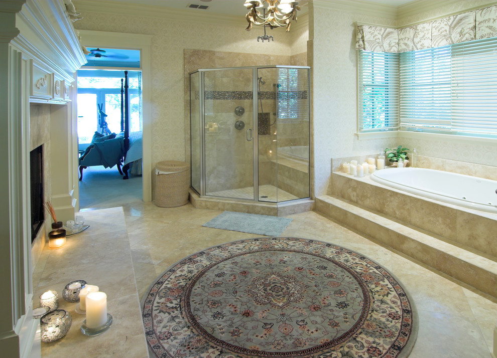 Inspiration for a large traditional ensuite bathroom in Other with a built-in bath, a corner shower, beige tiles, porcelain tiles, beige walls, porcelain flooring, beige floors and a hinged door.