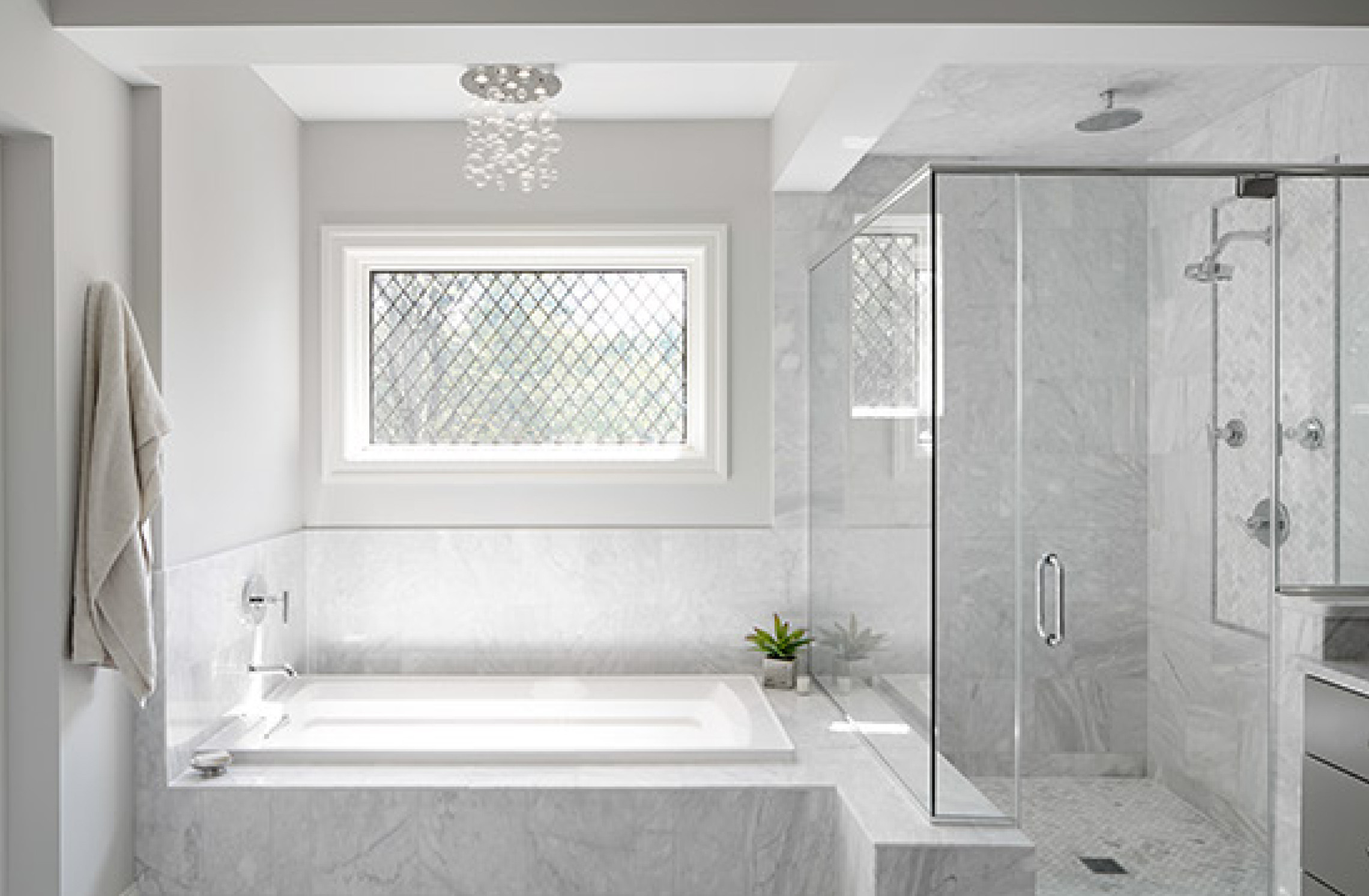 Master Bath with Glass Shower and Leaded Glass Window - Bathroom - Chicago  - by Schwarz Lewis Design Group, Inc. | Houzz